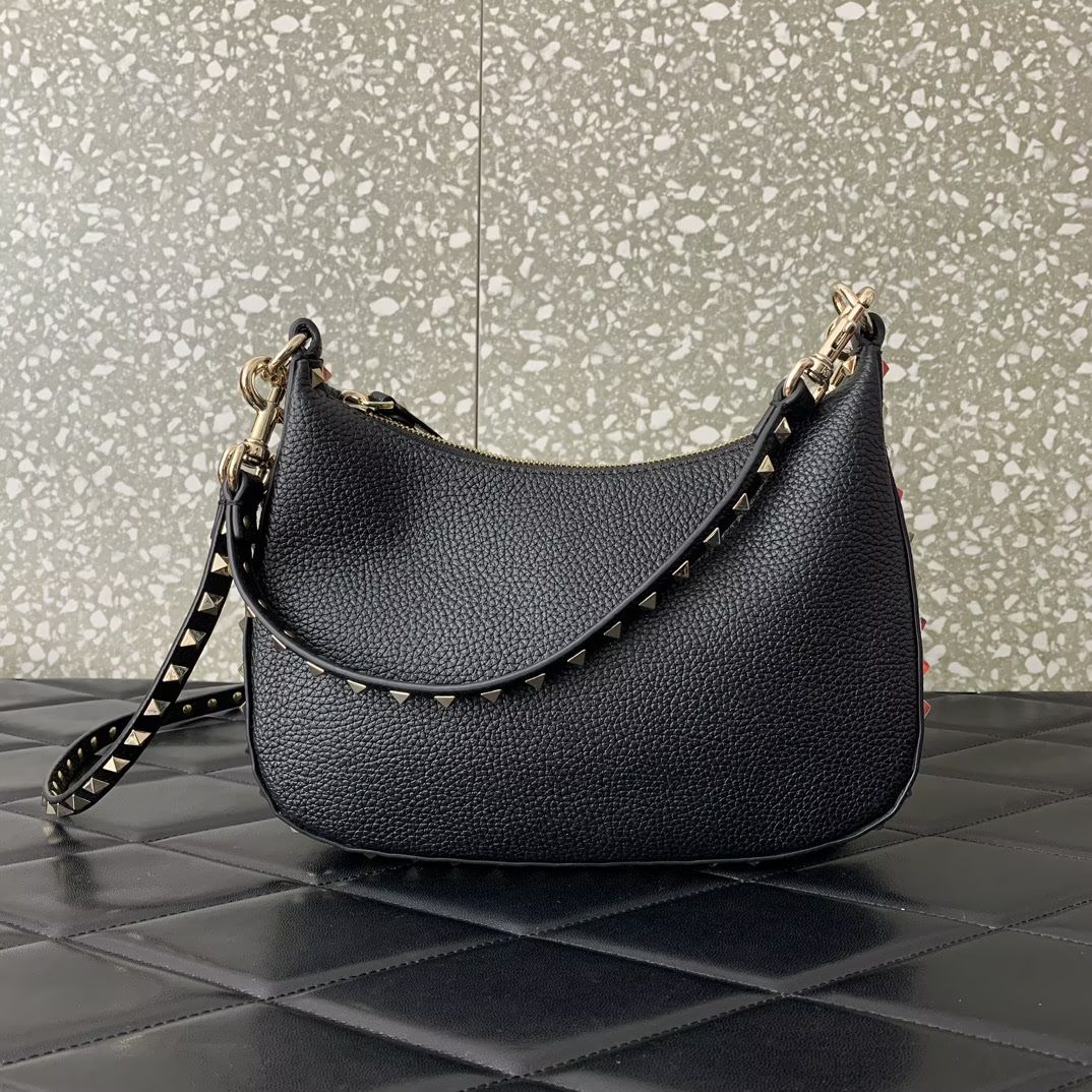 Valentino Garavani Rockstud Small Hobo Bag in Black Grainy Calfskin